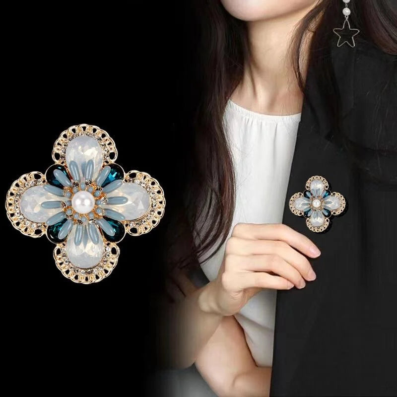 Vintage Four Leaf Clover Flower Brooch With Opal Rhinestones And Faux Pearl Elegant Lapel Pin Gift