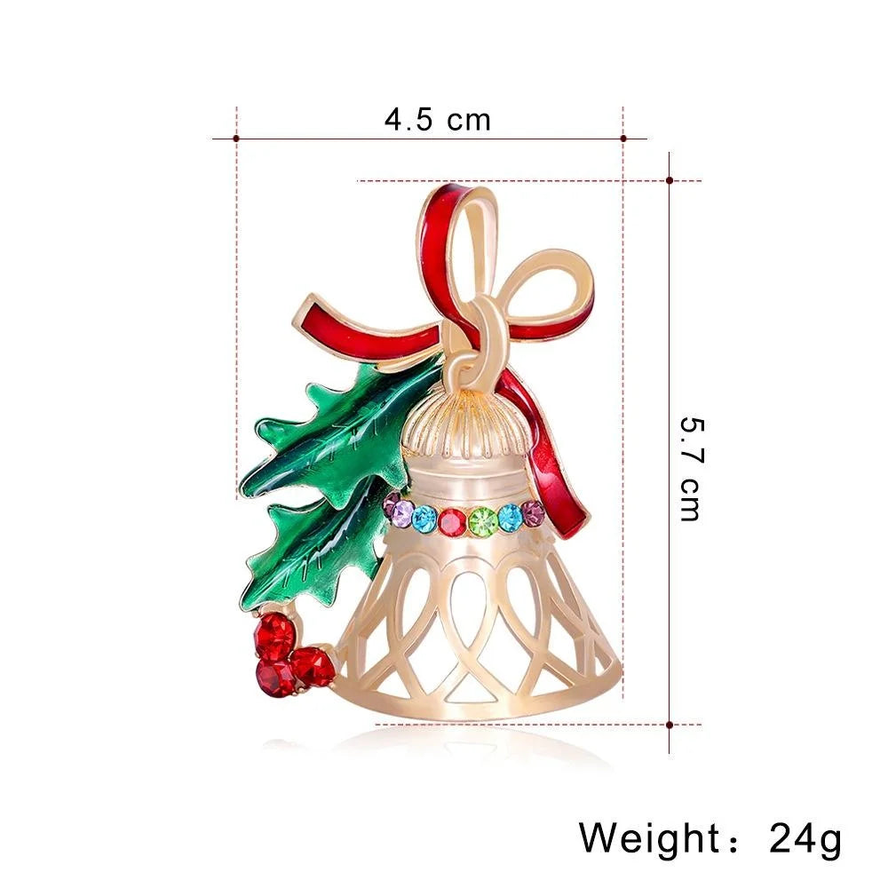 Elegant Christmas Bell Brooch With Enamel Holly Bow And Rhinestones, Alloy Lapel Pin Corsage Gift