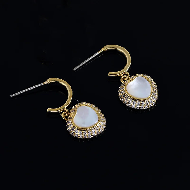 Elegant Heart Shell Pearl Zircon Stud & Clip On No Piercing Luxury Gold Alloy Drop Earrings