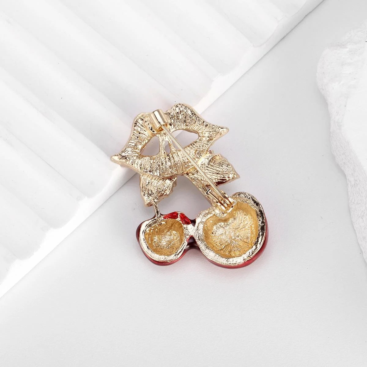 Cute Enamel Red Lips Cherry Brooch With Green Leaves, Alloy Fruit Lapel Pin Corsage Gift For Women