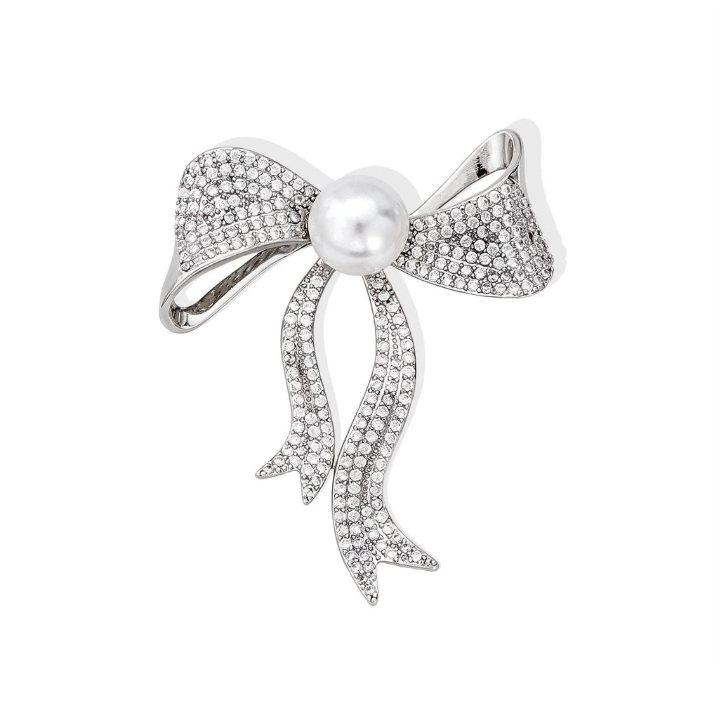 Elegant Pearl Bow Brooch With Micro Pave Rhinestones, Copper Gold Plated Lapel Pin Corsage Gift