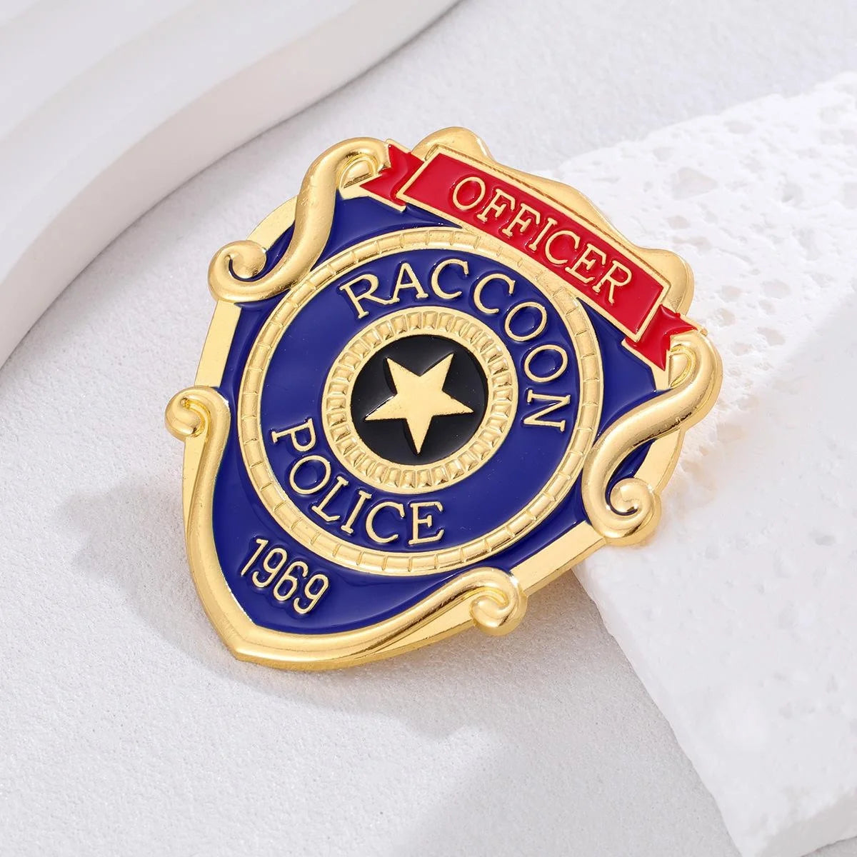 Vintage Raccoon Police Officer Badge Brooch, Gold Alloy Enamel Star Shield Lapel Pin Suit Accessory