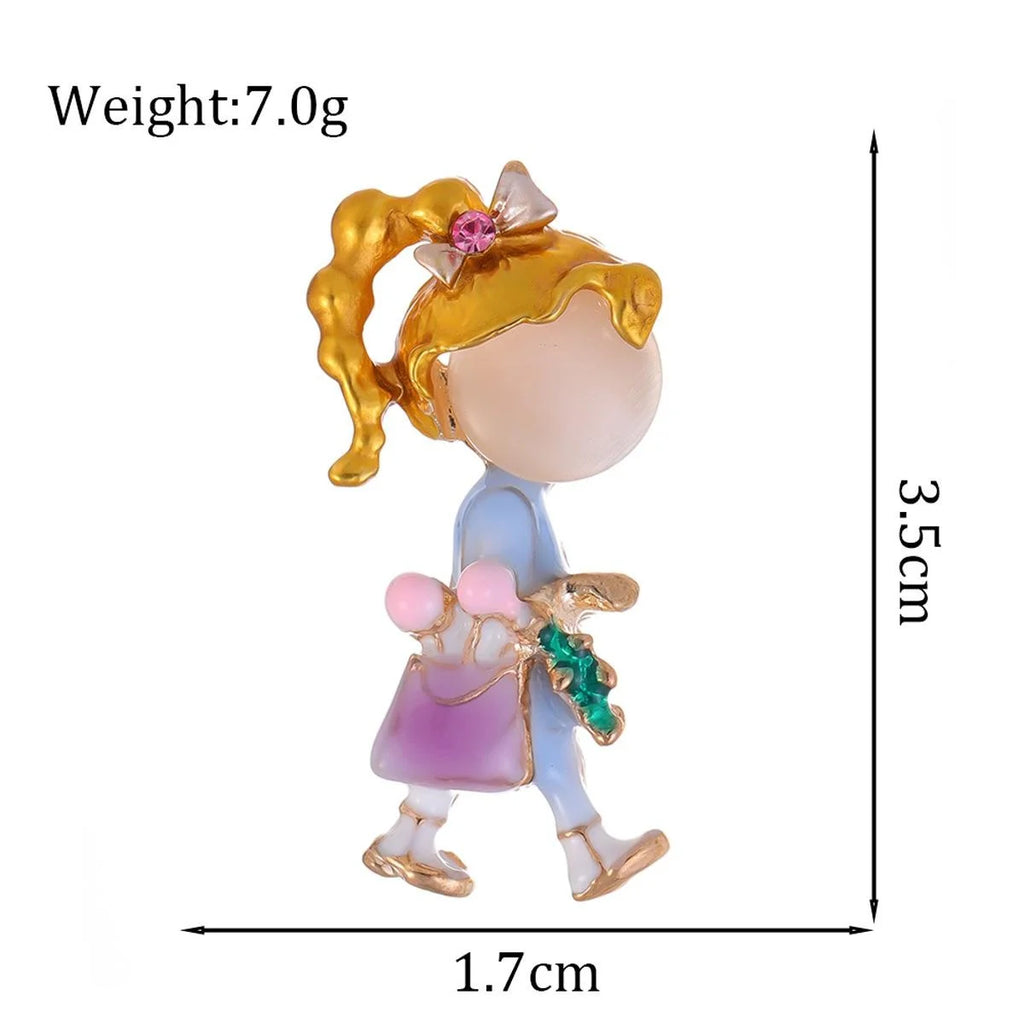 Cute Enamel Walking Girl With Handbag Rhinestone Bow Brooch, Cartoon Alloy Lapel Pin Suit Accessory Gift