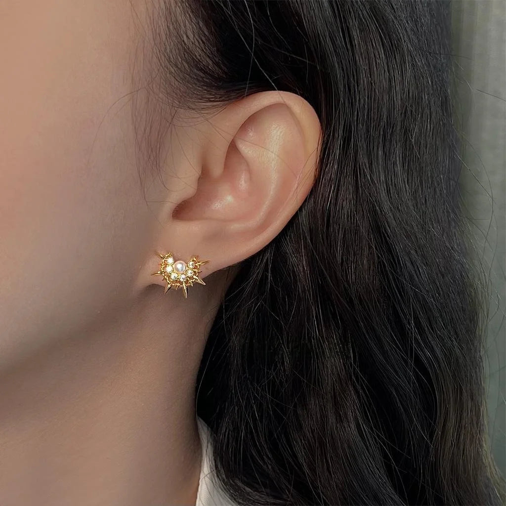 Designer Micro Pave Zircon Sun Star Stud Earrings 14K Plated Copper Luxury Style