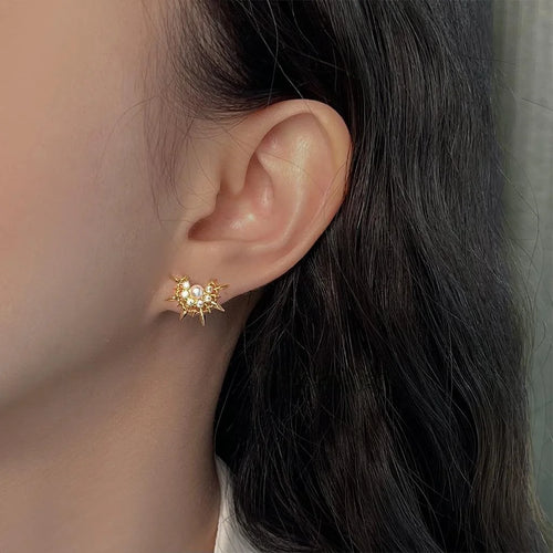 Designer Micro Pave Zircon Sun Star Stud Earrings 14K Plated Copper Luxury Style