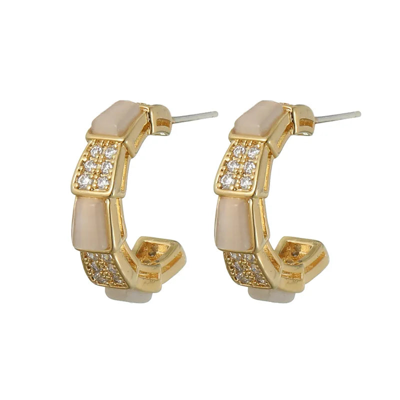 Vintage Spiral Cat Eye Stone Zircon Gold Hoop Stud & Clip On No Piercing Elegant Huggie Earrings