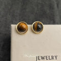 Natural Tiger Eye Stone Round Geometric Line Stud Earrings Vintage Maillard Style Jewelry