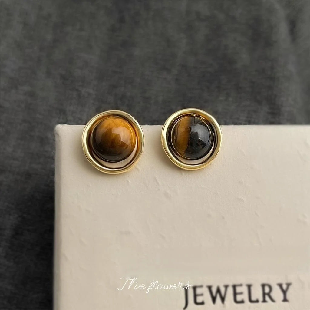 Natural Tiger Eye Stone Round Geometric Line Stud Earrings Vintage Maillard Style Jewelry