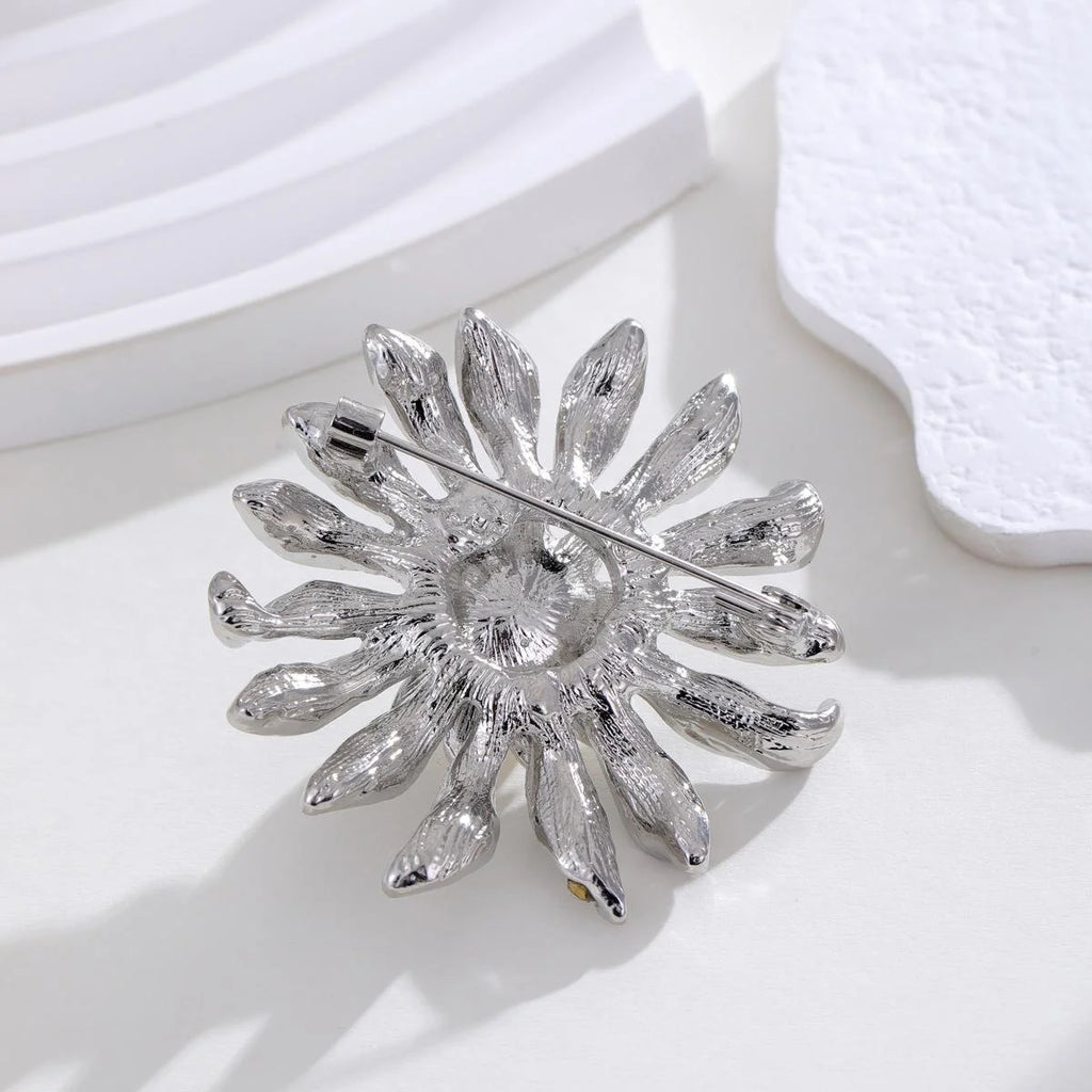 Luxury Silver Alloy Sunflower Rhinestone Brooch, Elegant Large Flower Lapel Pin Corsage Suit Accessory