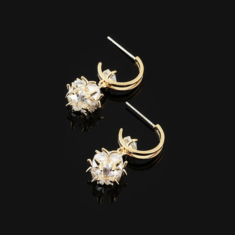 Luxury Spiral Disc Zircon Drop Stud & Clip On No Piercing Gold Alloy Sparkling Ball Dangle Earrings