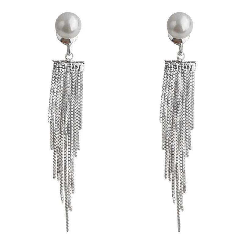 Convertible Light Luxury Silver Geometric Tassel Drop Earrings With Glass Pearls And Copper Alloy