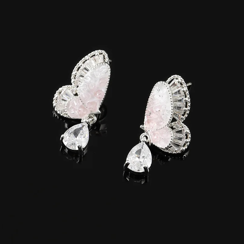 Luxury Double Layer Pink Butterfly Crystal Rhinestone Drop Stud & Clip On No Piercing Earrings