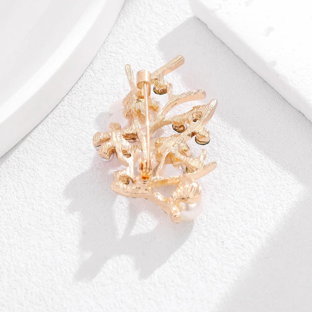 Elegant Pearl Peach Blossom Branch Brooch With Rhinestone Alloy Lapel Pin Corsage Suit Accessory Gift