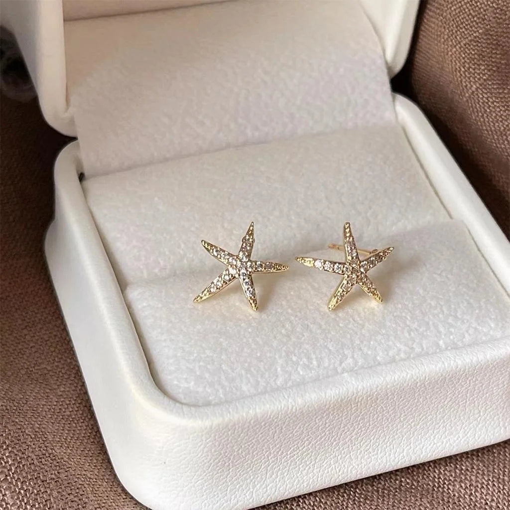 Cute Starfish Micro Pave Zircon 14K Plated Copper Stud Earrings With Silver Plated Pins
