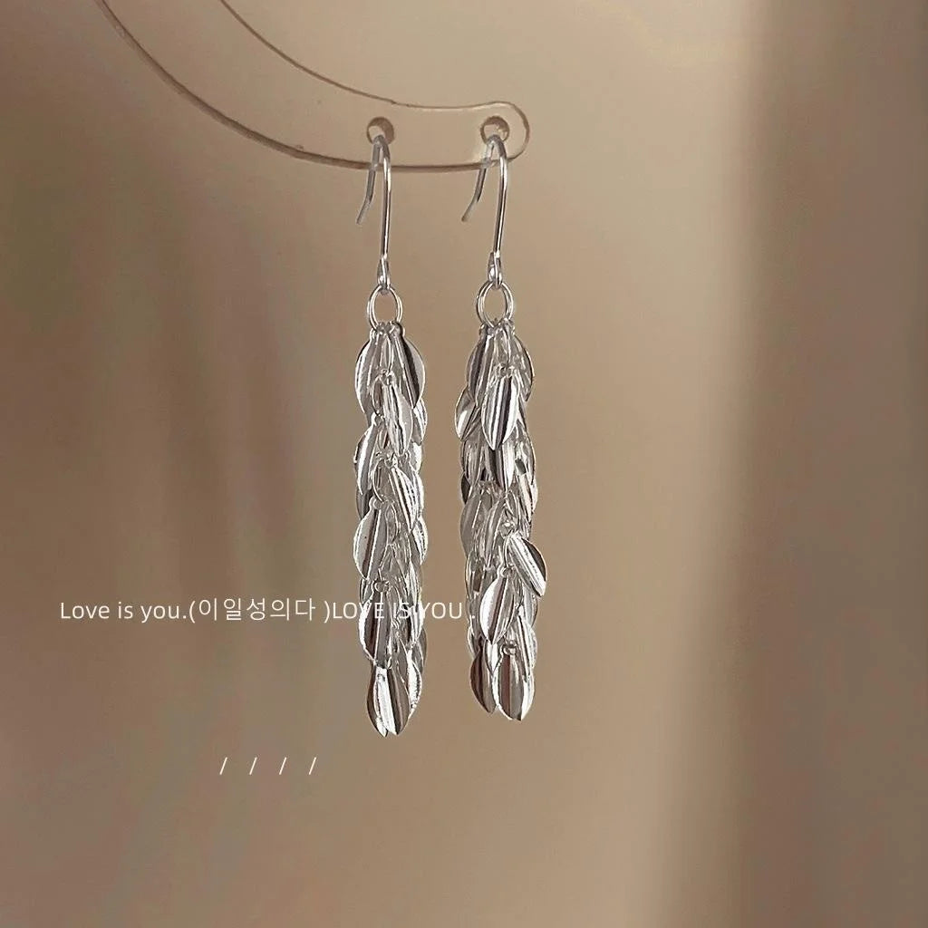 Glossy Copper Leaf Tassel Drop Earrings Trendy Metallic Wheat Inspired Statement Jewelry