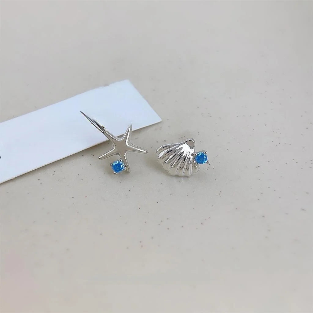 Ocean Series Asymmetric Copper Stud Earrings Micro Pave Zircon Starfish Shell Sweet Fashion Jewelry