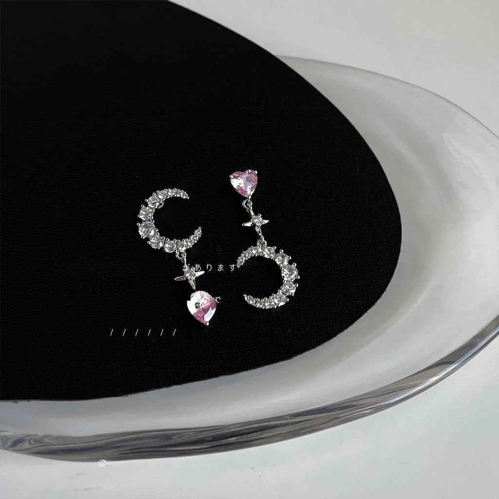 Sweet Asymmetric Moon Heart Star Zircon Micro Pave Copper Stud Earrings For Women