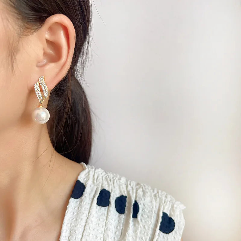 Elegant Pearl Drop Spiral Zircon Pave Alloy Stud & Clip On No Piercing Luxury Women's Earrings