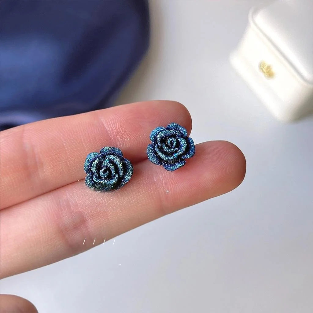 French Vintage Blue Rose Resin Stud Earrings, Frosted Glitter Floral Jewelry