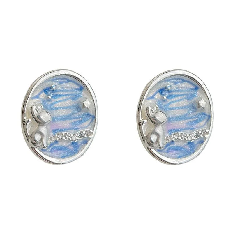 Designer Ocean Starry Sky Enamel Copper Cat Star Drop Earrings And Micro Pave Zircon