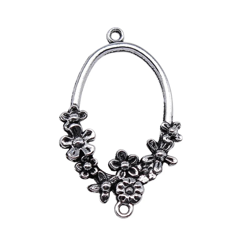 41x25mm 3.5g Antique Silver Zinc Alloy Oval Flower Earring Connector Charms for DIY Earrings Jewelry Making