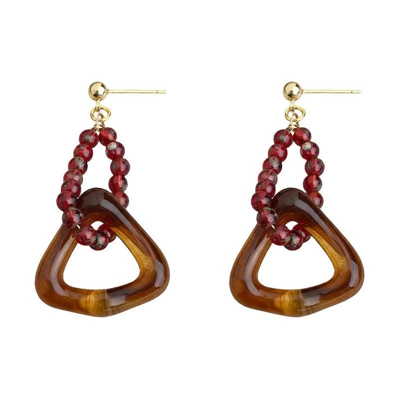 Maillard Style Vintage Handmade Geometric Resin Glass Drop Earrings With Copper