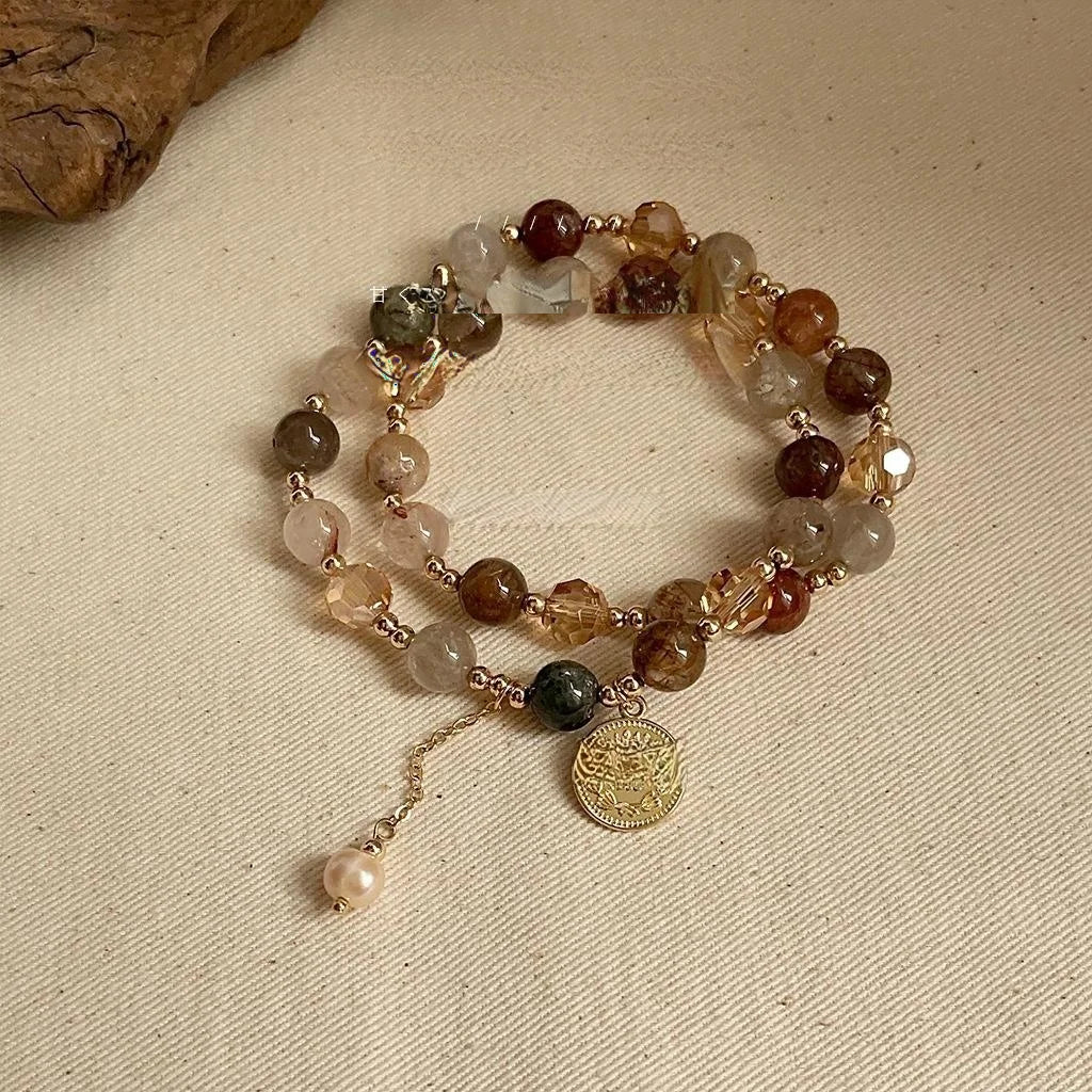 Natural Red Rutilated Quartz Glass Crystal Tassel Bracelet Copper Geometric New Chinese Style