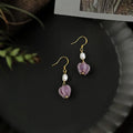 Vintage Chinese Style Freshwater Pearl Glazed Glass Lotus Flower Tassel Drop Earrings