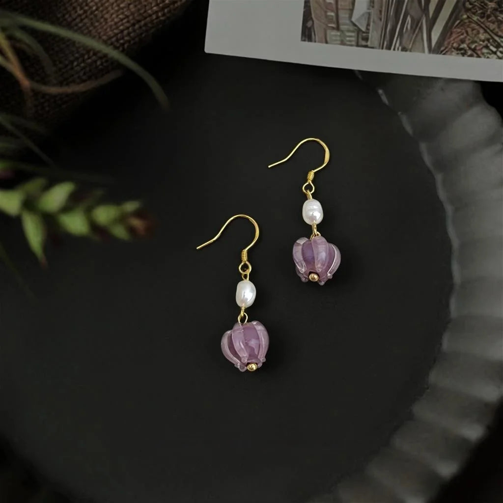 Vintage Chinese Style Freshwater Pearl Glazed Glass Lotus Flower Tassel Drop Earrings