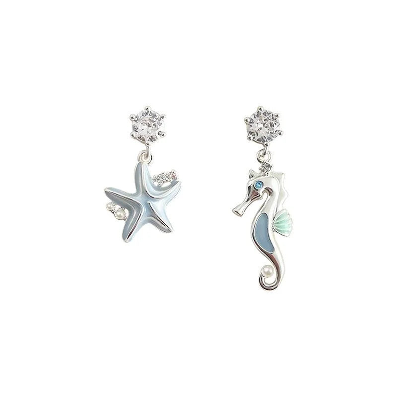 Asymmetric Enamel Seahorse Starfish Micro Pave Zircon Copper Drop Earrings