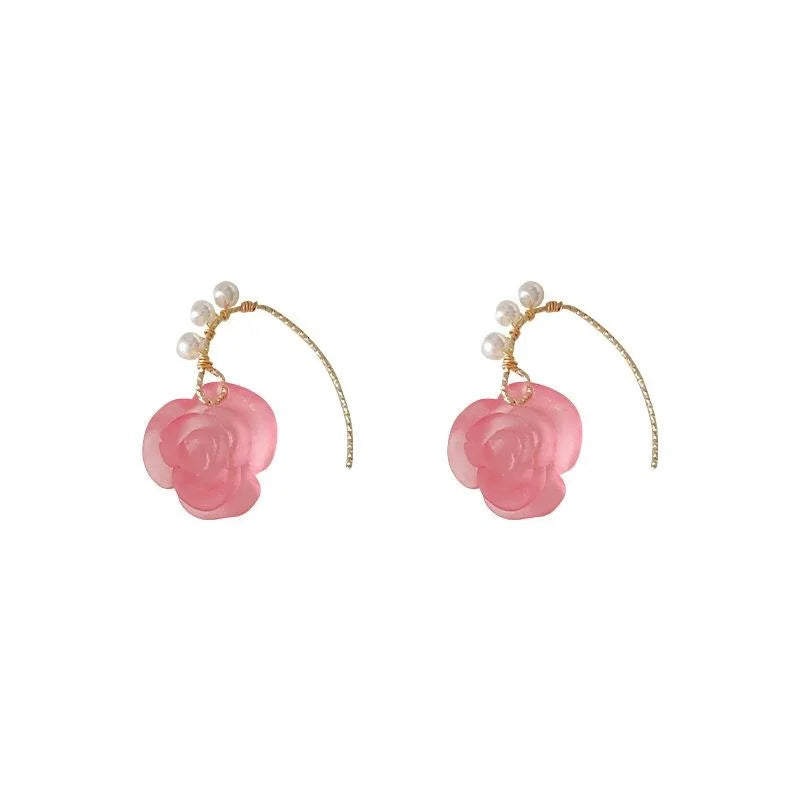 Vintage Handmade Matte Resin Rose Drop Earrings Small Luxury Floral Jewelry