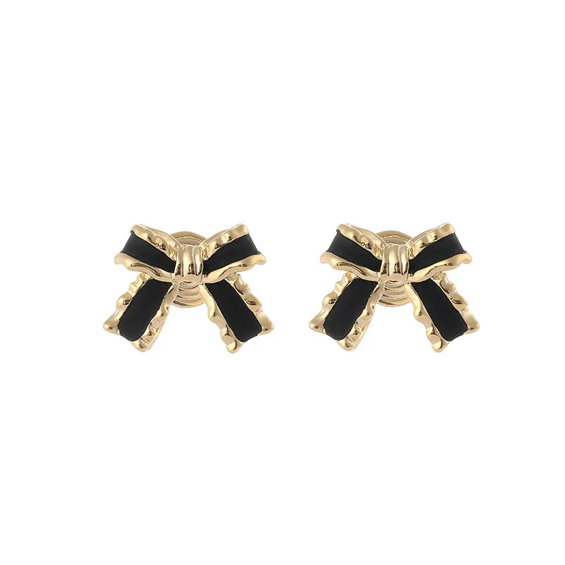 Elegant French Bowknot Black Enamel Alloy Spiral Stud & Clip On No Piercing Women's Fashion Earrings