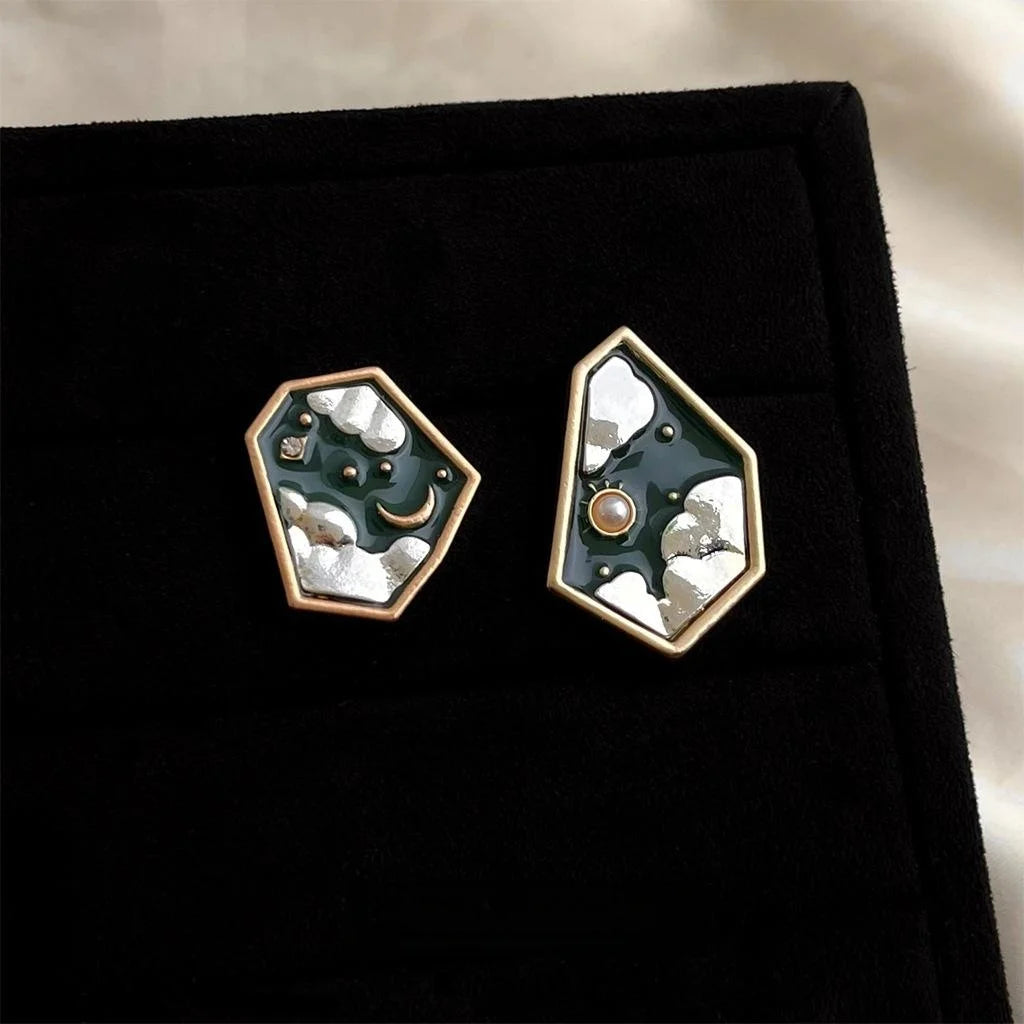 Artistic Asymmetric Star Moon Stud Earrings Copper Irregular Geometric Oil Painting Style
