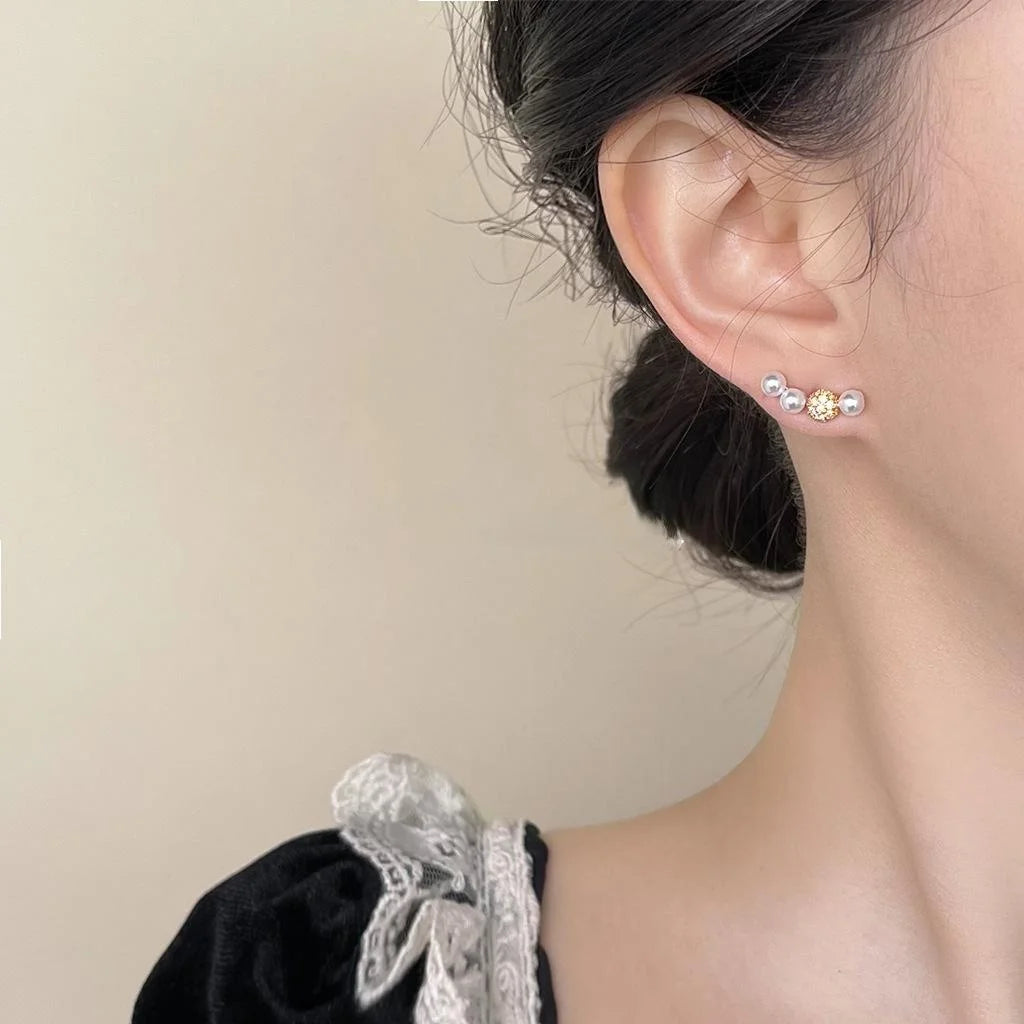 14K Plated Copper Pearl Zircon Smile Arc Stud Earrings Simple Geometric Fashion Jewelry