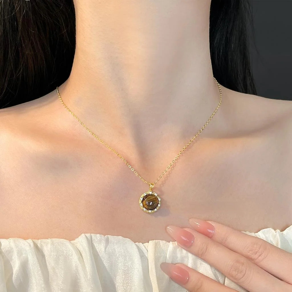 18K Gold Plated Natural Tiger Eye Stone Round Geometric Micro Pave Zircon Necklace