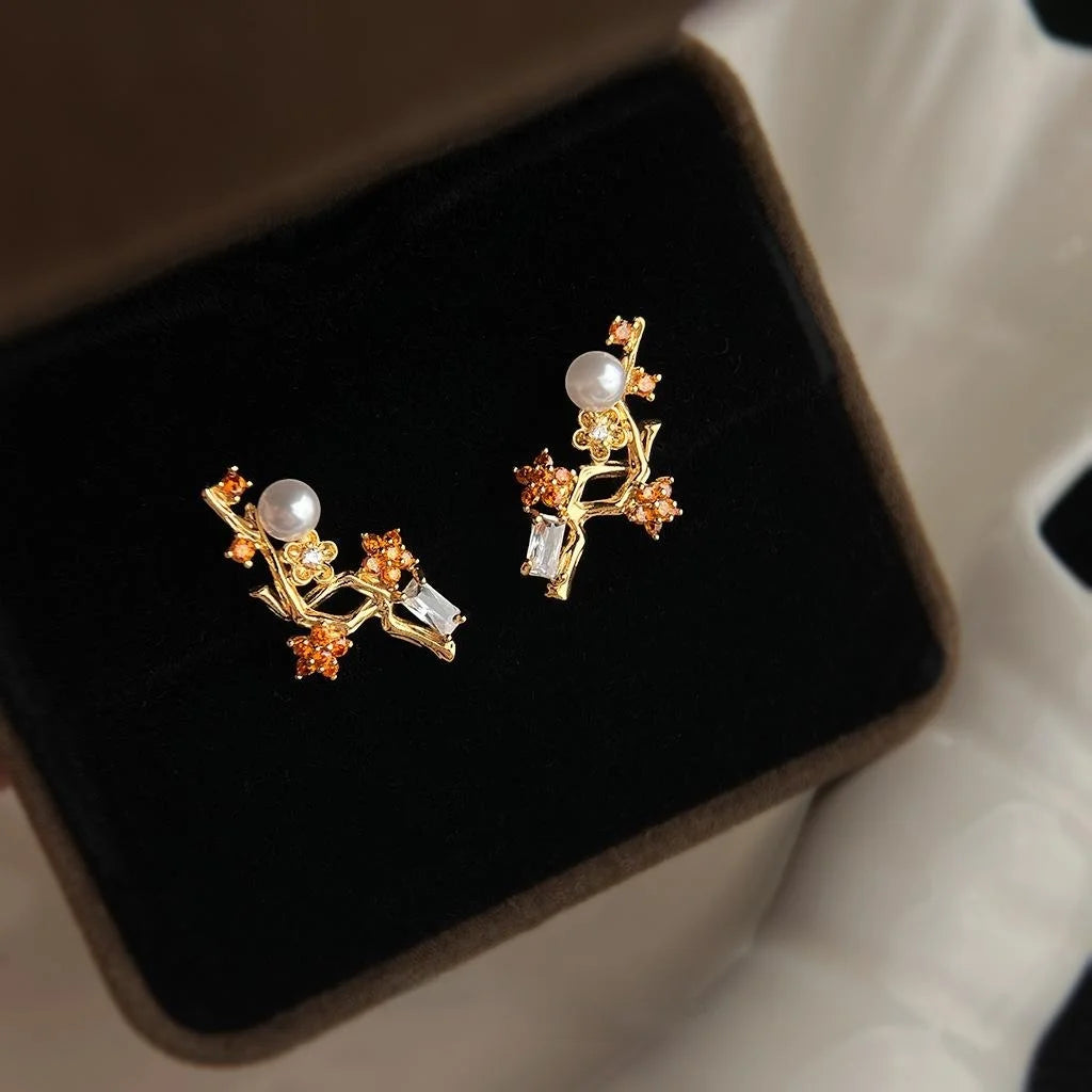 New Chinese Plum Blossom Leaf Stud Earrings Copper Pearl Zircon Micro Pave Jewelry