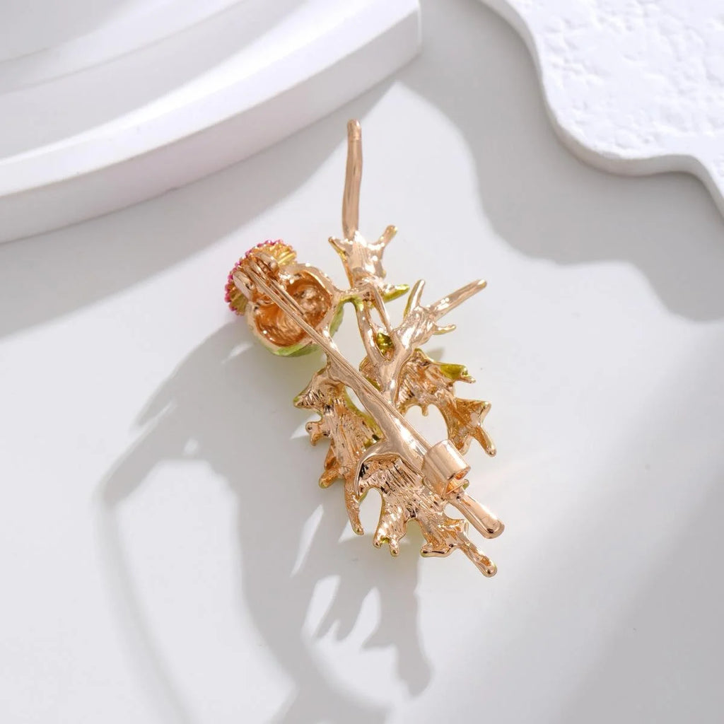 Elegant Enamel Thistle Flower Brooch With Green Leaves, Alloy Floral Lapel Pin Corsage Suit Accessory