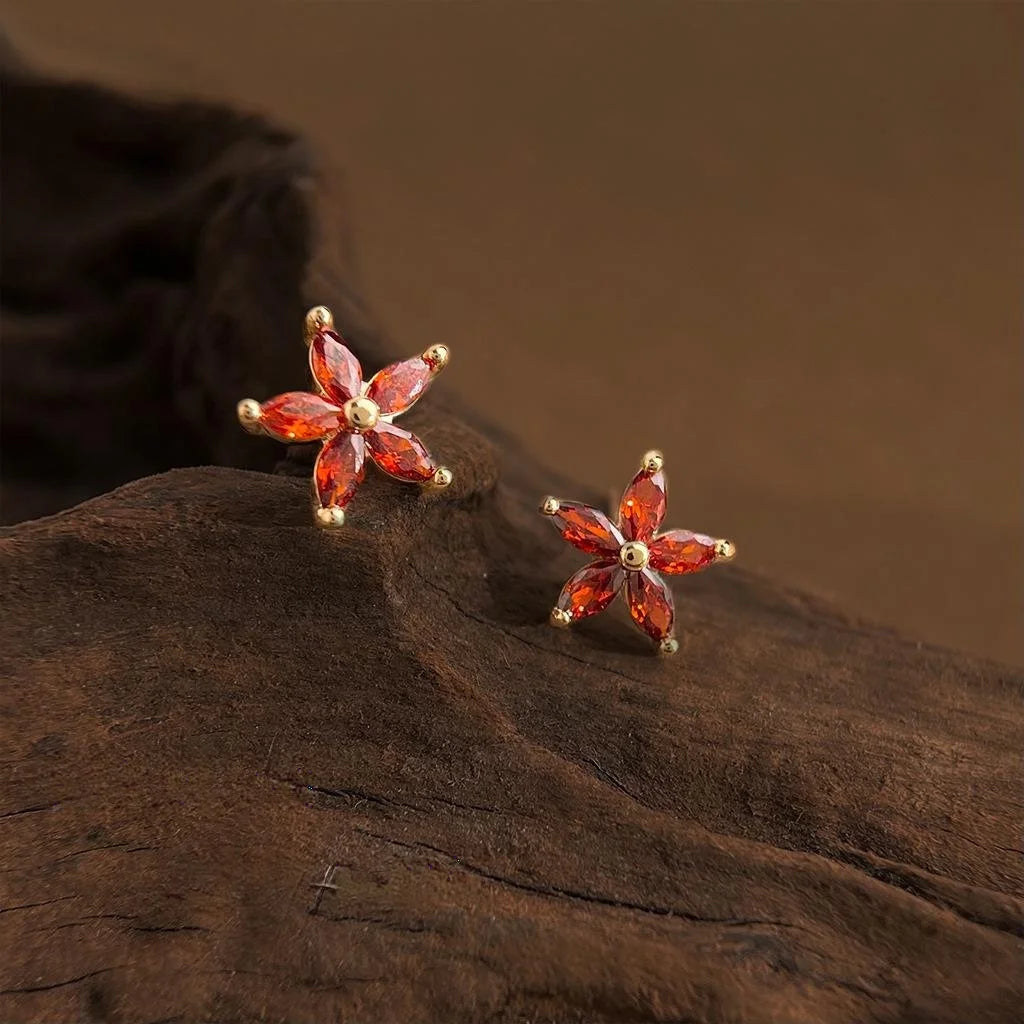 Minimalist Red Zircon Flower Star Stud Earrings Copper Fashion Jewelry