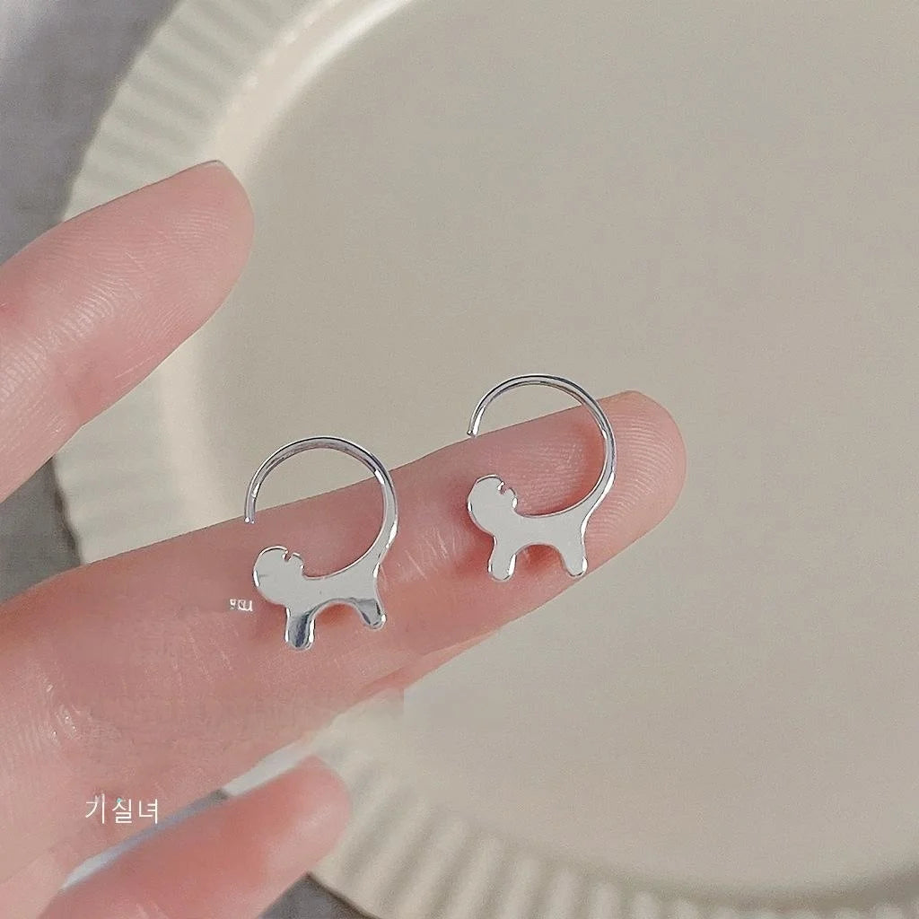 Cute Silver Tone Copper Cat Drop Earrings Minimalist Animal Design Daily Fashion Jewelry