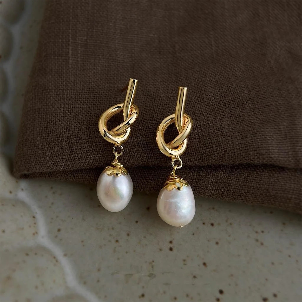 Handmade 14K Gold Plated Copper Knot Drop Earrings With Baroque Freshwater Pearl