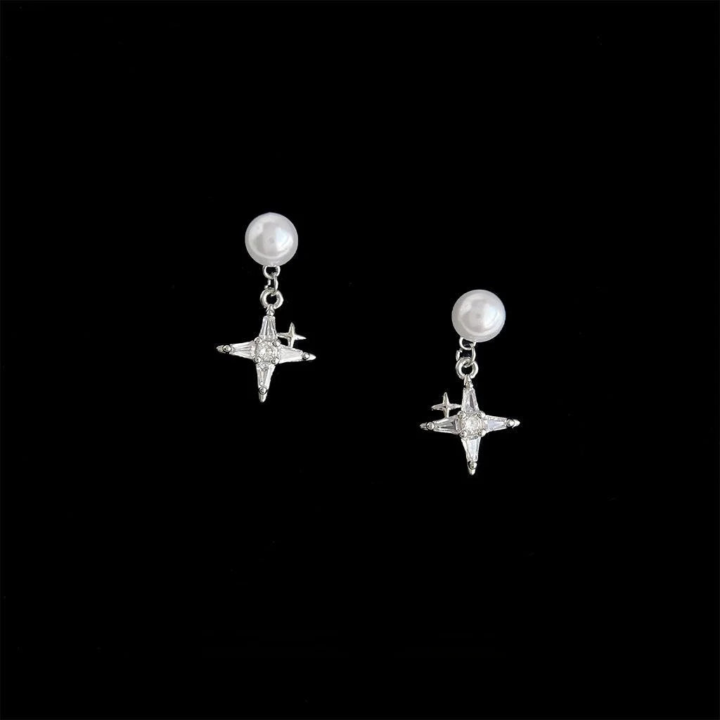 Detachable Two Way Copper Zircon Pearl Eight Point Star Front Back Stud Earrings Sweet Cool Style