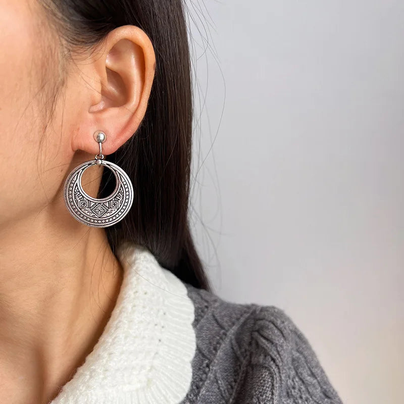 Vintage Ethnic Silver Alloy Hollow Crescent Hoop Drop Stud & Clip On No Piercing Statement Earrings