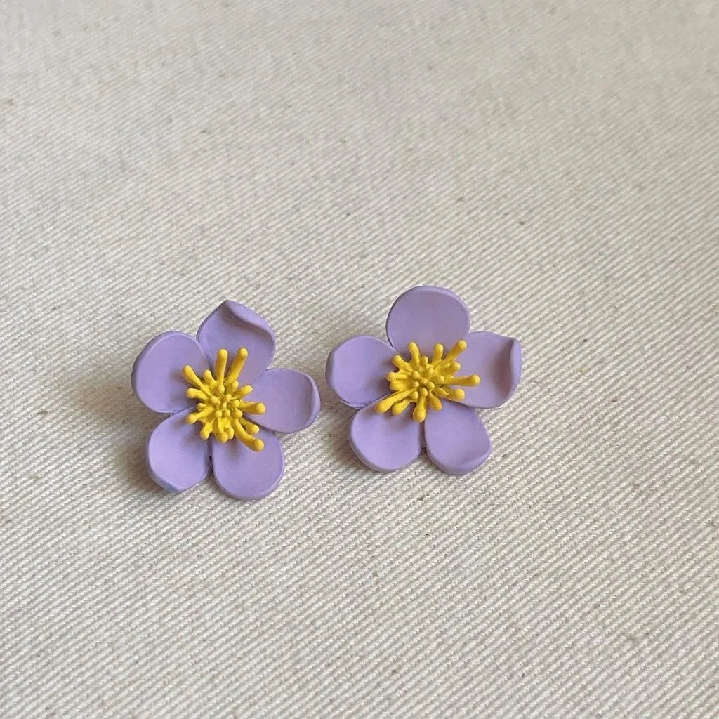 Cute Korean Enamel Copper Flower Stud Earrings With Silver Plated Posts For Women