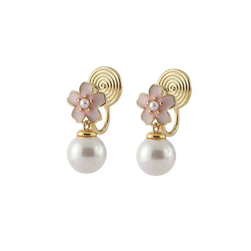 Elegant Pink Enamel Sakura Flower Pearl Drop Gold Alloy Stud & Clip On No Piercing Earrings