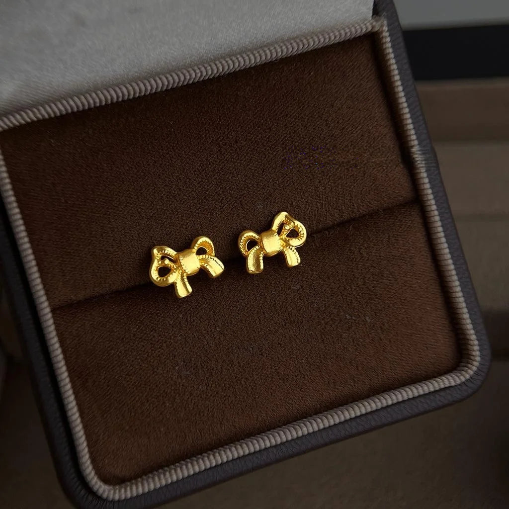 Matte Gold Eco-Friendly Copper Bow Stud Earrings, Minimalist Versatile Women's Jewelry