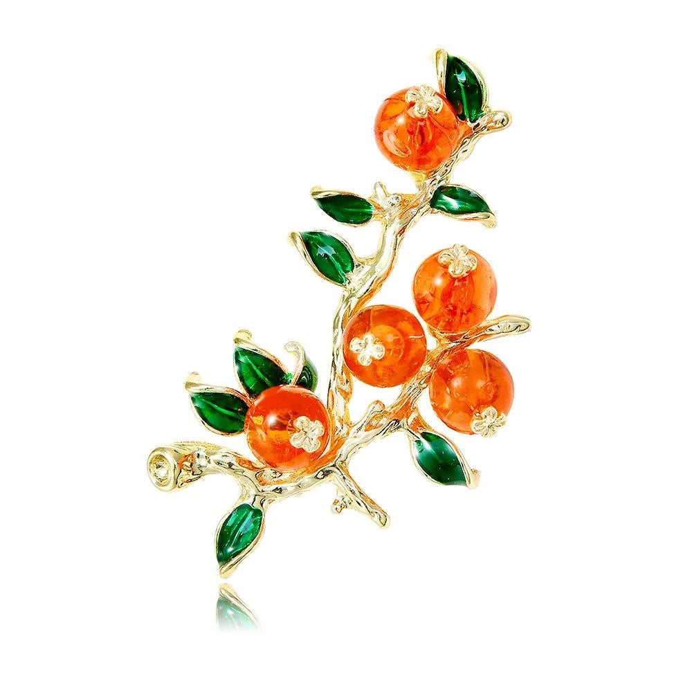 Vintage Persimmon Branch Brooch With Enamel Leaves And Rhinestones, Elegant Alloy Lapel Pin Suit Accessory