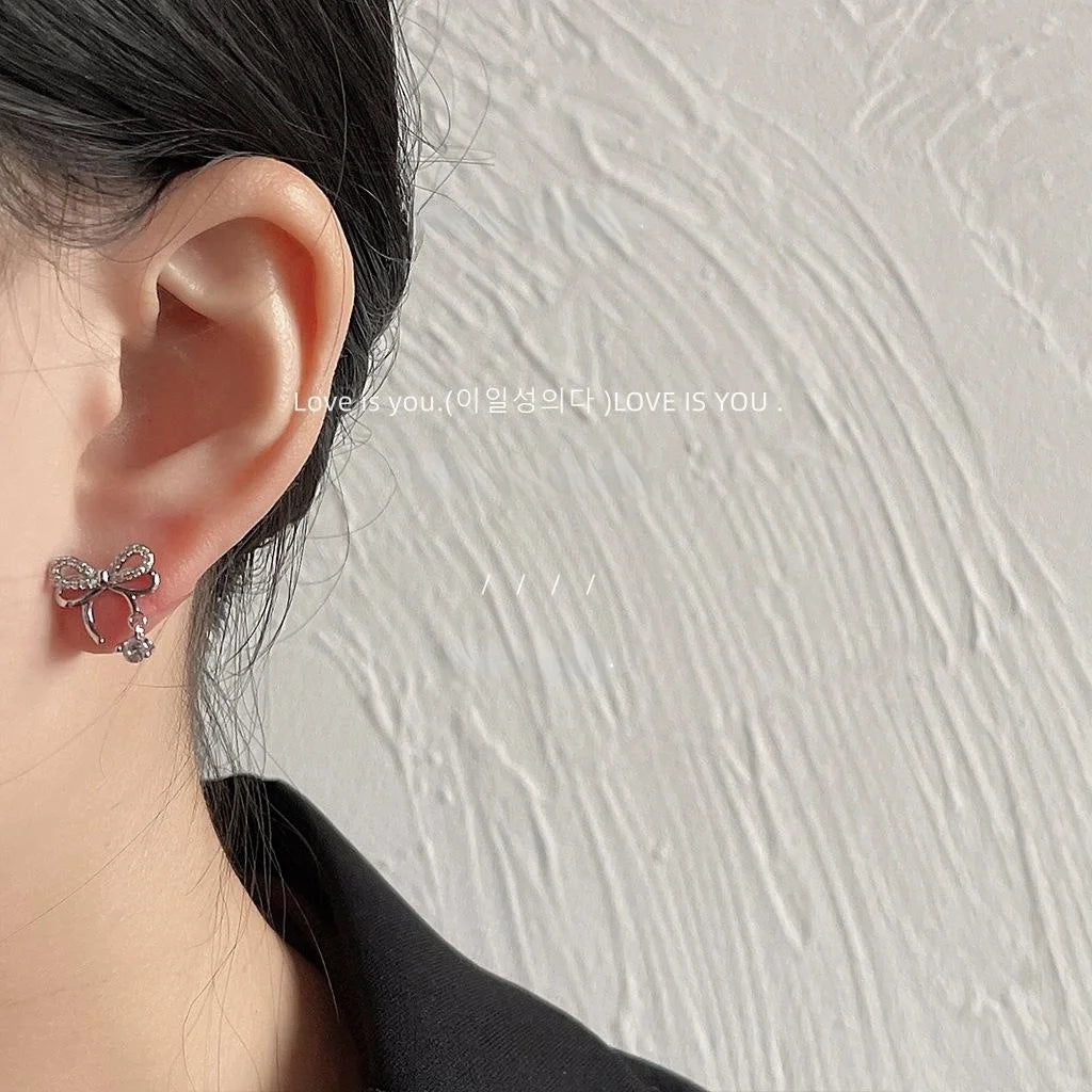 Sweet Cool Micro Pave Zircon Hollow Bow Stud Earrings, Copper Silver Plated Pin Commuter Jewelry