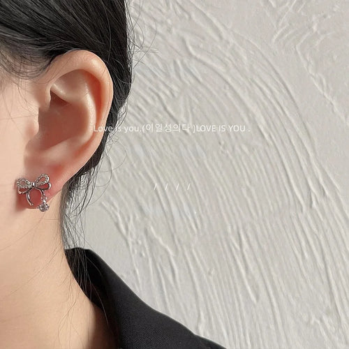 Sweet Cool Micro Pave Zircon Hollow Bow Stud Earrings, Copper Silver Plated Pin Commuter Jewelry