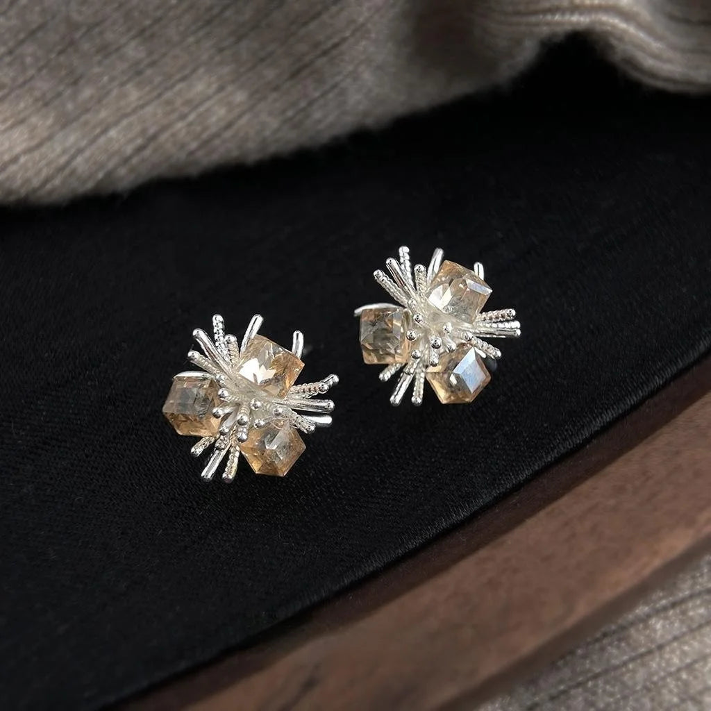 Coffee Tone Glass Crystal Flower Geometric Stud Earrings Silver Plated Copper Fashion Jewelry