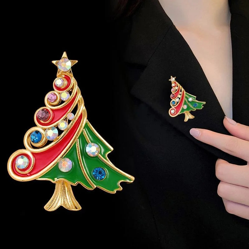 Elegant Christmas Tree Enamel Rhinestone Alloy Brooch, Festive Lapel Pin Corsage For Coat Suit Gift